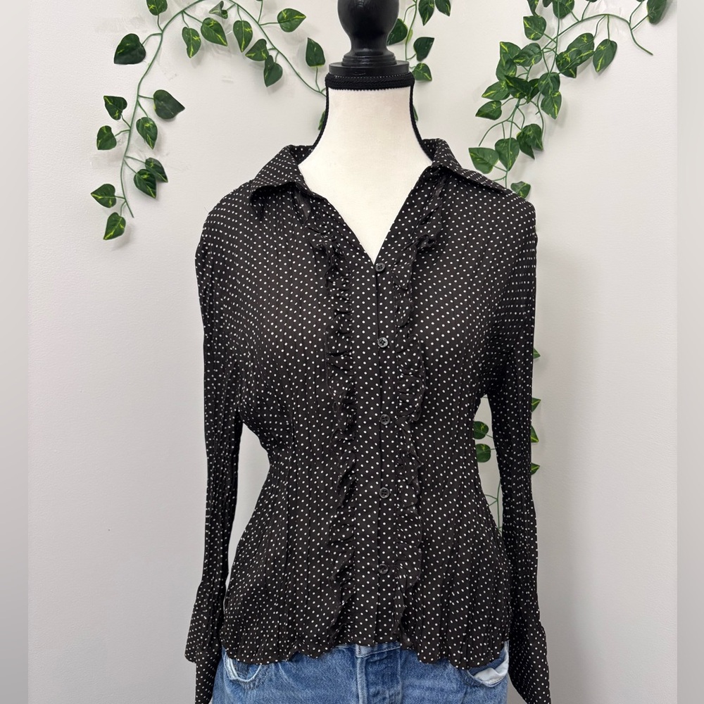 Vintage Jessica Petite Black and White Sheer Polka Dot Button Up Top